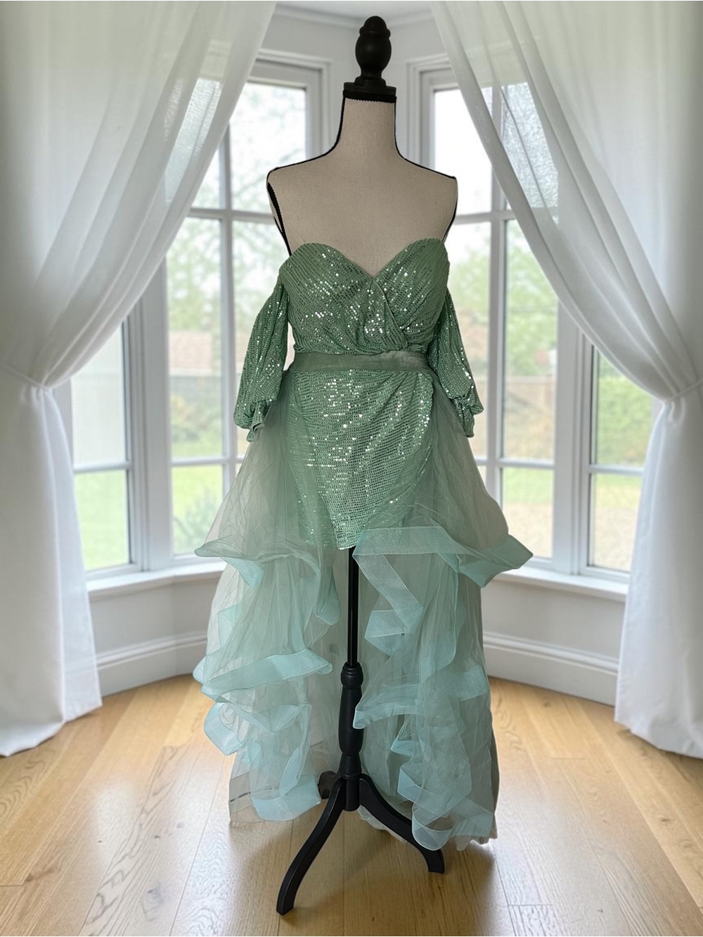 NWT Light Green Off Shoulder Sequin Ruffled Gown High Low Medium